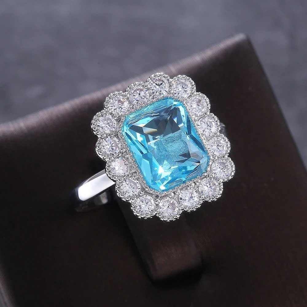 925 silver stamped 5.8karat Silver plate Swarovski element CZ ring blue